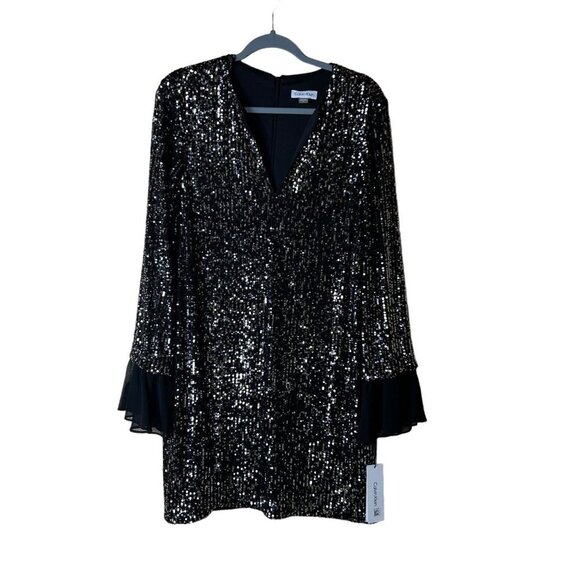 Calvin Klein NWT Woman size 14 Sequined Bell Sleeve Flapper Elegant Dress - Picture 2 of 8